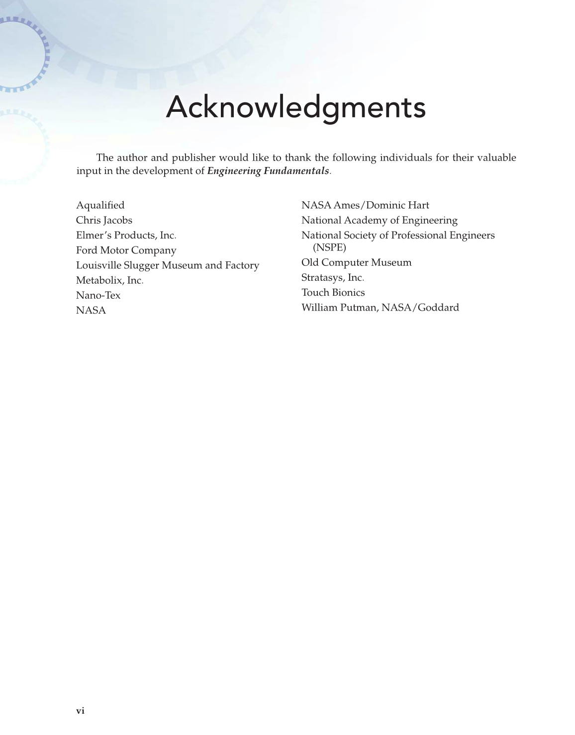 Engineering Fundamentals: Design, Principles, and Careers, 2nd Edition page vi