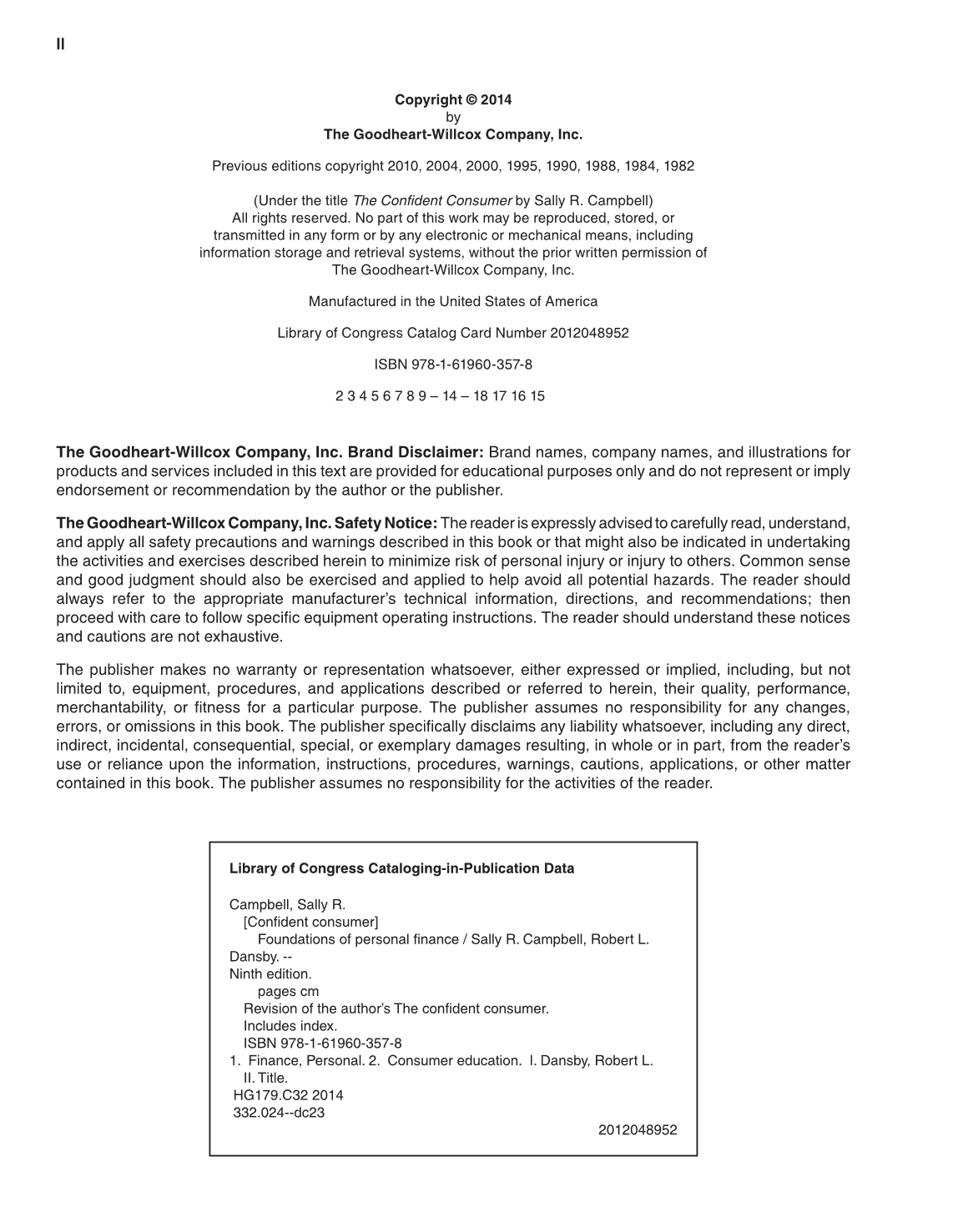 Foundations of Personal Finance, 9th Edition page II