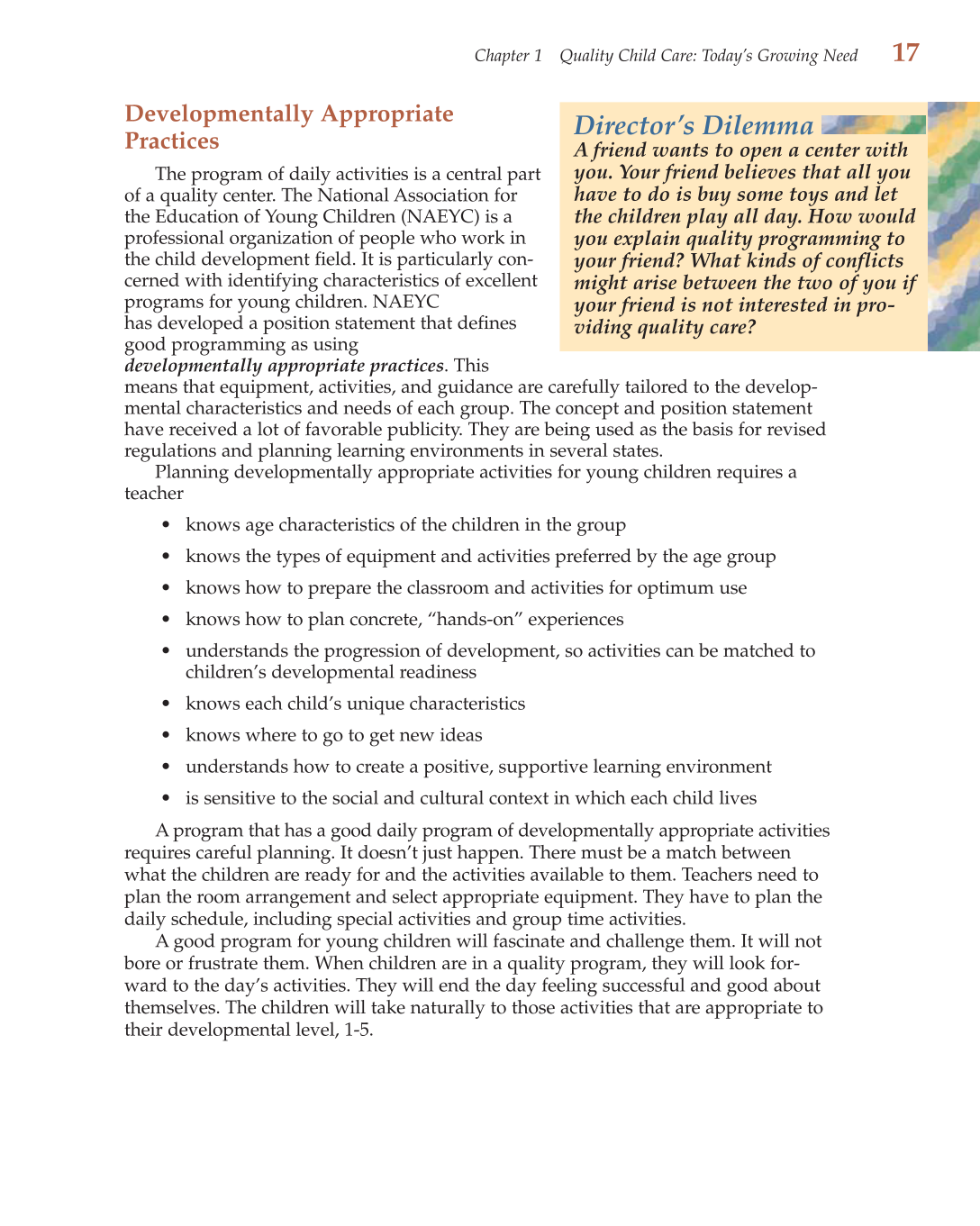 Child Care Administration: Planning Quality Programs for Young Children, 3rd Edition page 17
