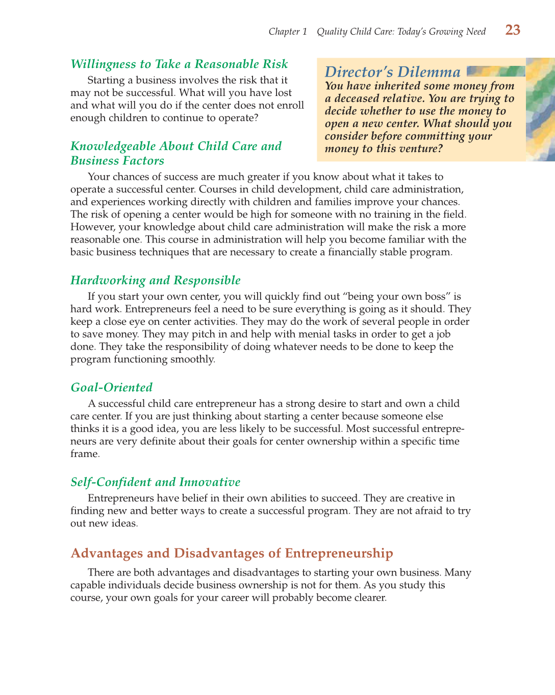 Child Care Administration: Planning Quality Programs for Young Children, 3rd Edition page 23