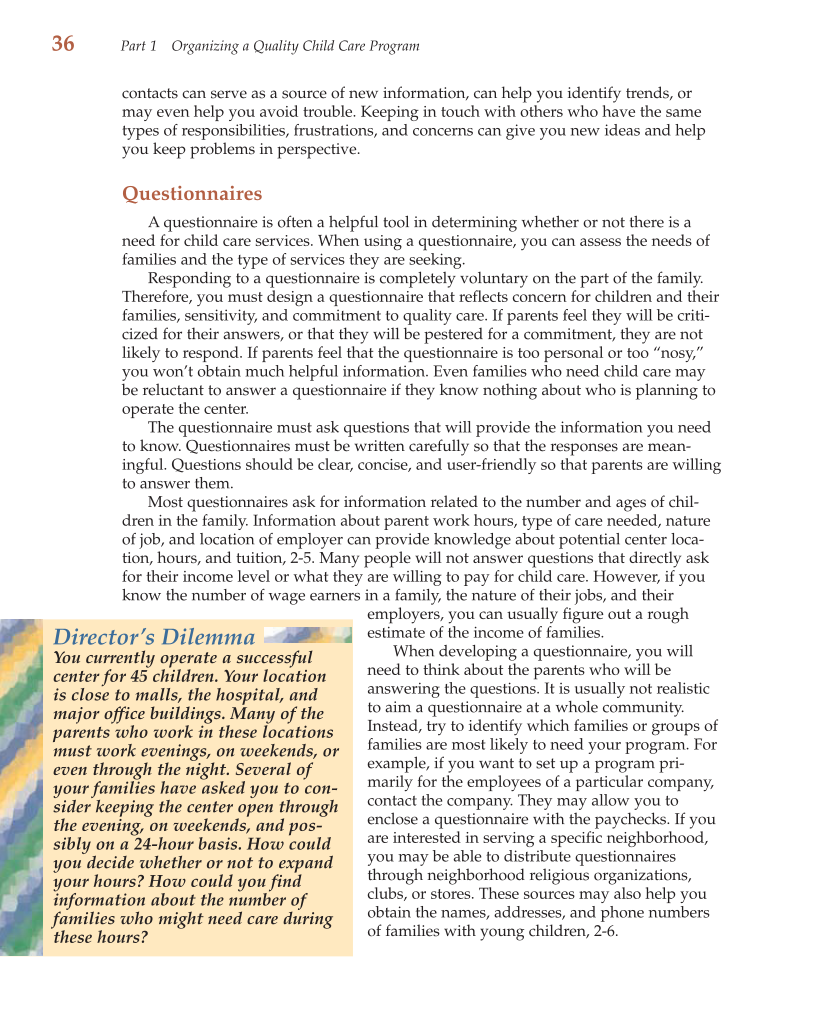Child Care Administration: Planning Quality Programs for Young Children, 3rd Edition page 36
