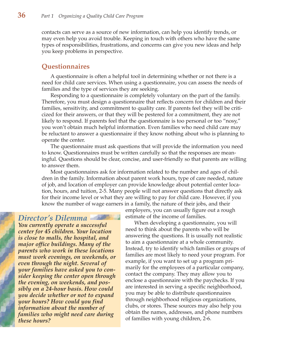 Child Care Administration: Planning Quality Programs for Young Children, 3rd Edition page 36