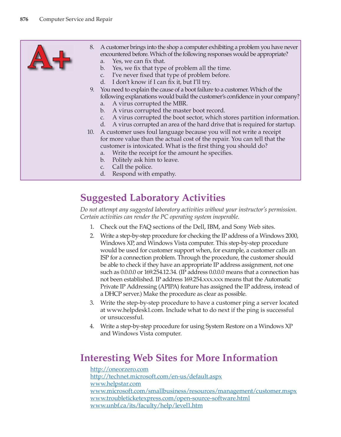 Computer Service and Repair, 3rd Edition page 876