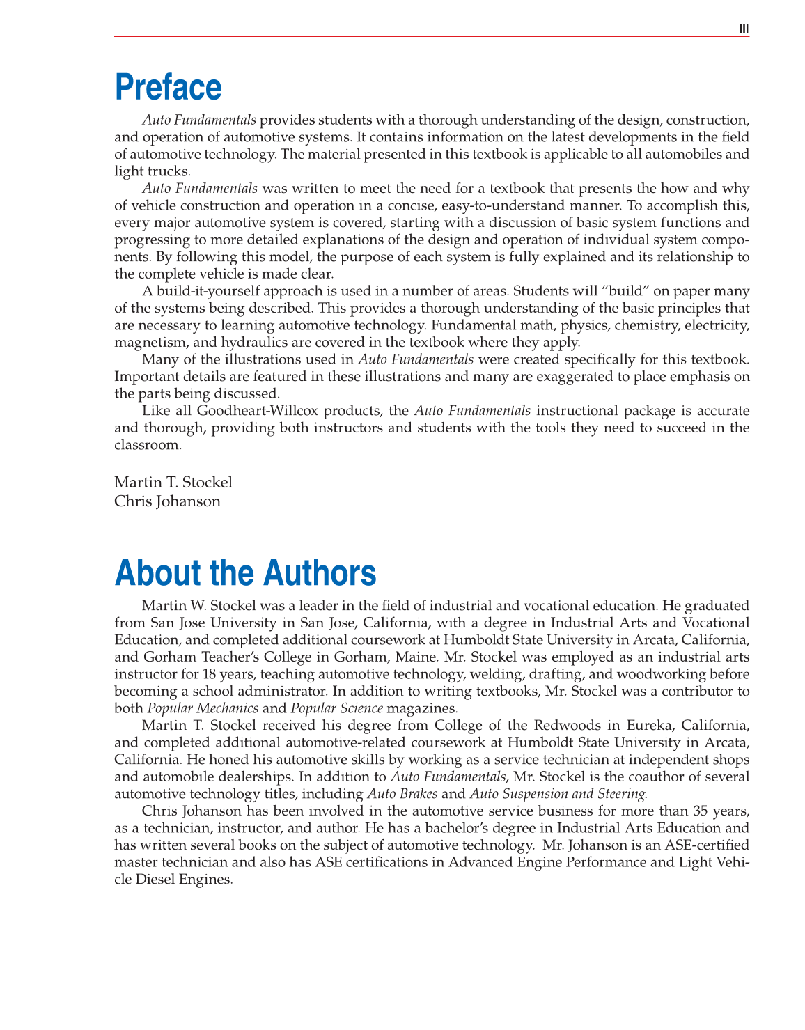 Auto Fundamentals, 11th Edition page iii