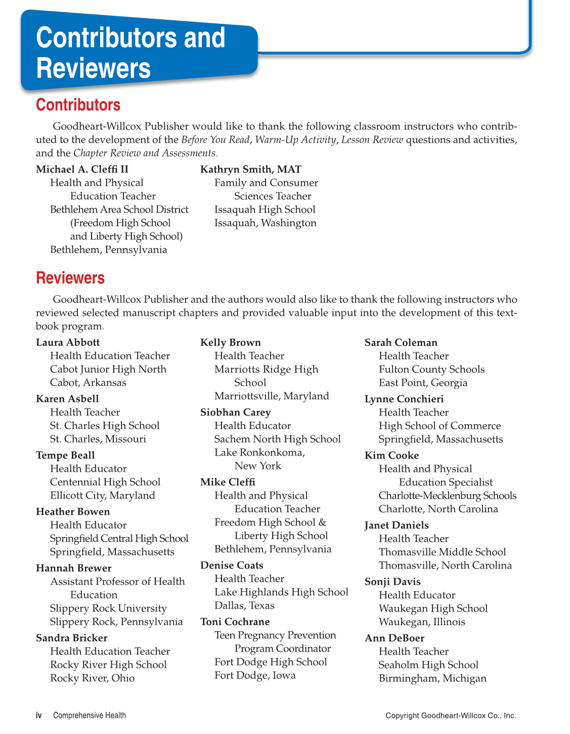Comprehensive Health, 1st Edition page iv