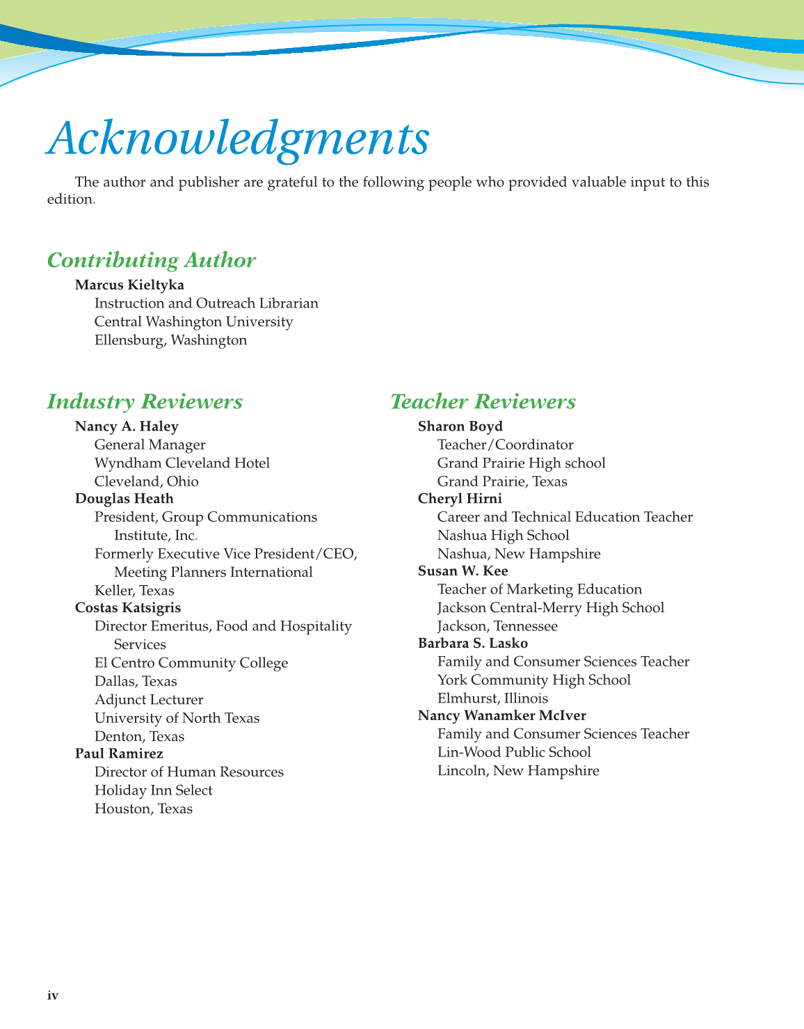 Hospitality Services, 3rd Edition page iv