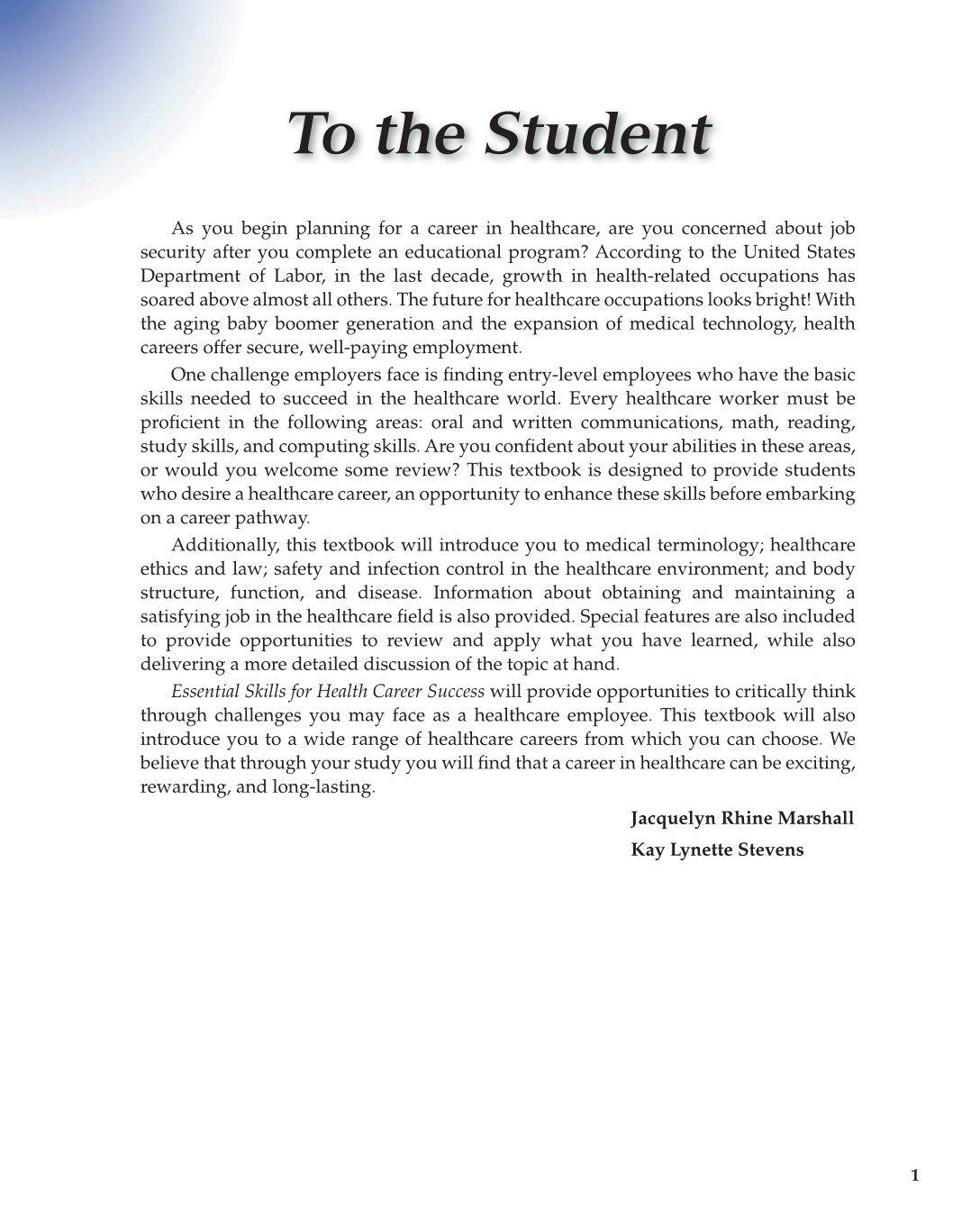Essential Skills for Health Career Success, 1st Edition page 1
