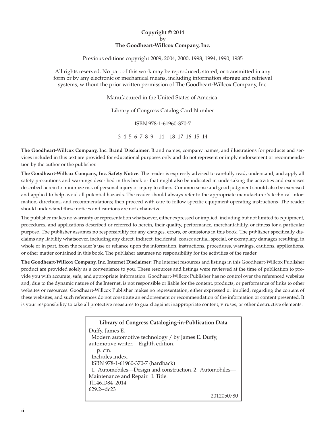 Modern Automotive Technology, 8th Edition page ii