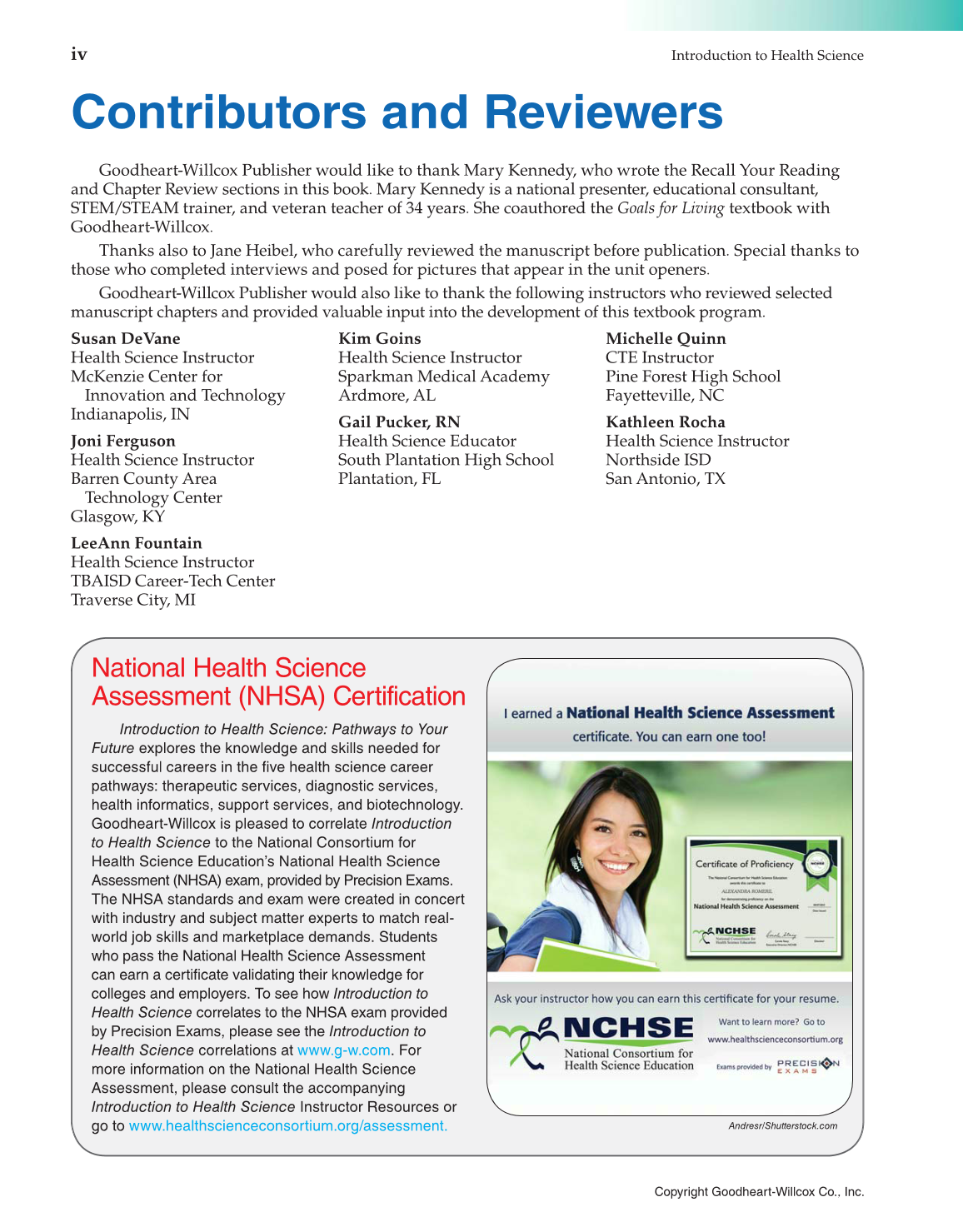 Introduction to Health Science: Pathways to Your Future, 1st Edition page iv