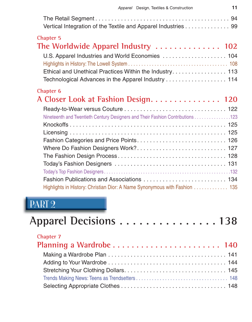 Apparel: Design, Textiles & Construction, 10th Edition page 11