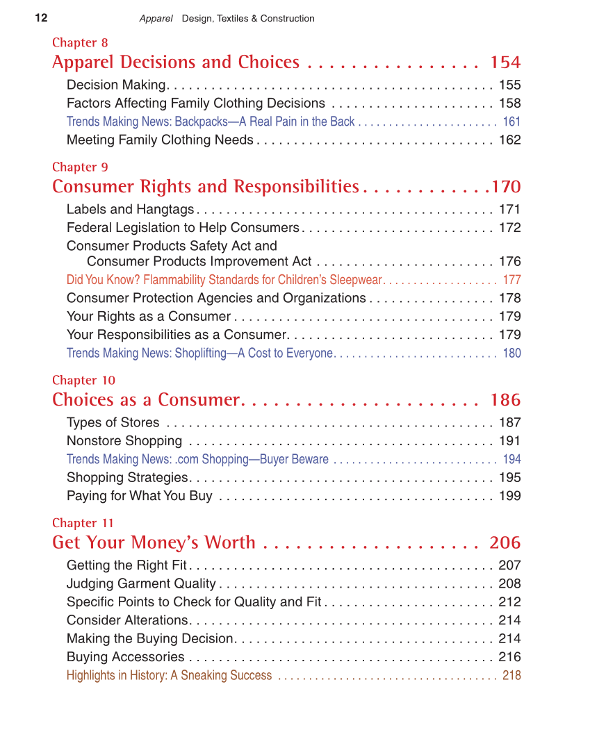 Apparel: Design, Textiles & Construction, 10th Edition page 12