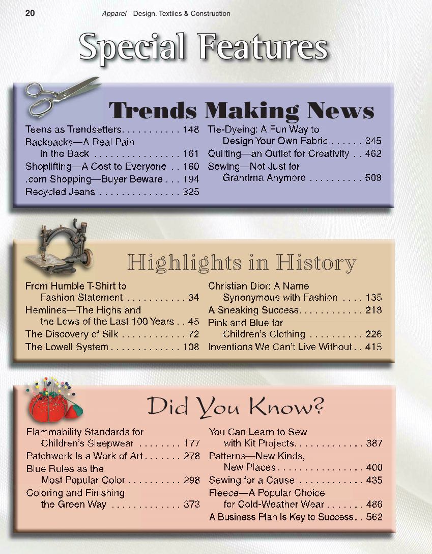 Apparel: Design, Textiles & Construction, 10th Edition page 20