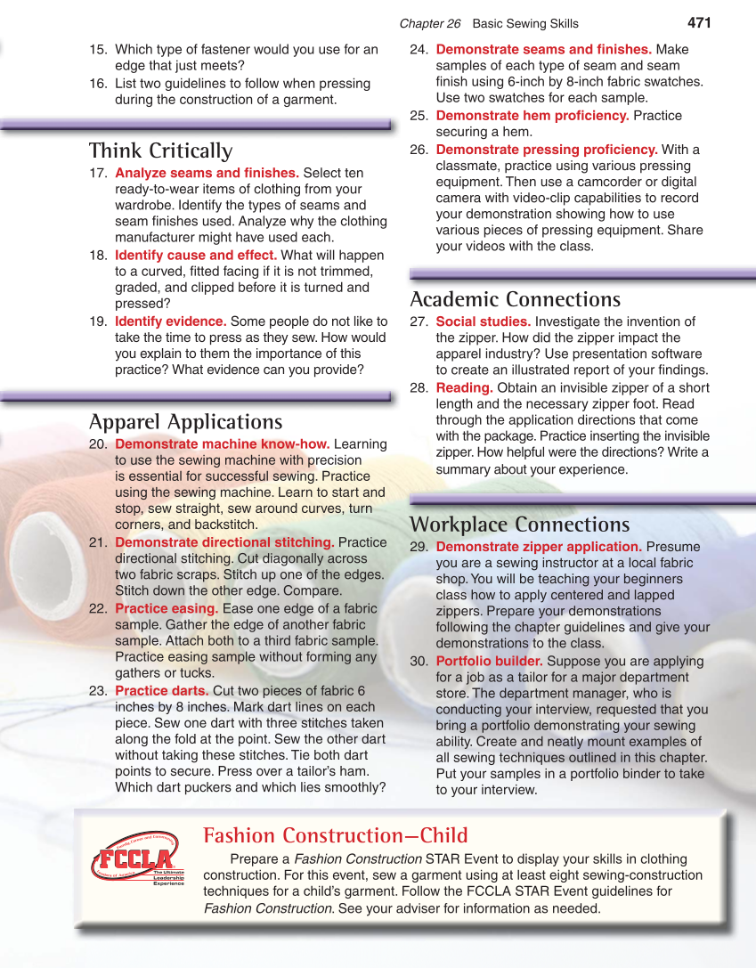 Apparel: Design, Textiles & Construction, 10th Edition page 471