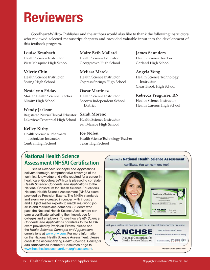 Health Science: Concepts and Applications, 1st Edition page iv