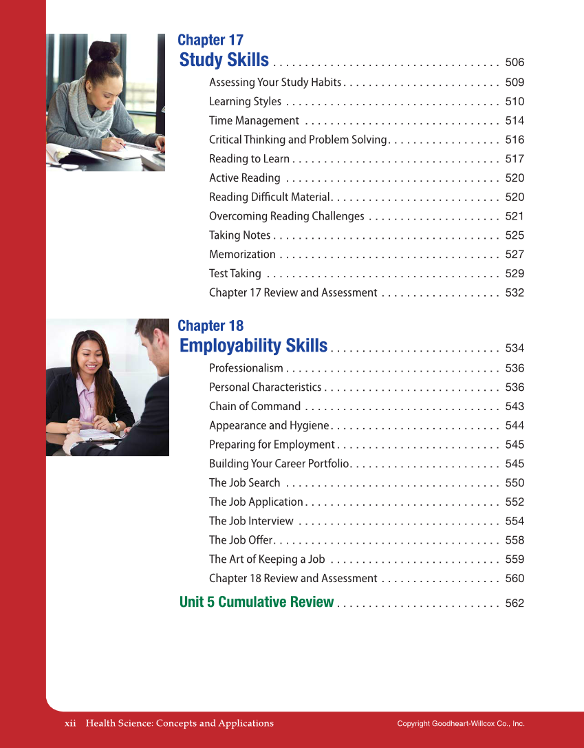 Health Science: Concepts and Applications, 1st Edition page xii