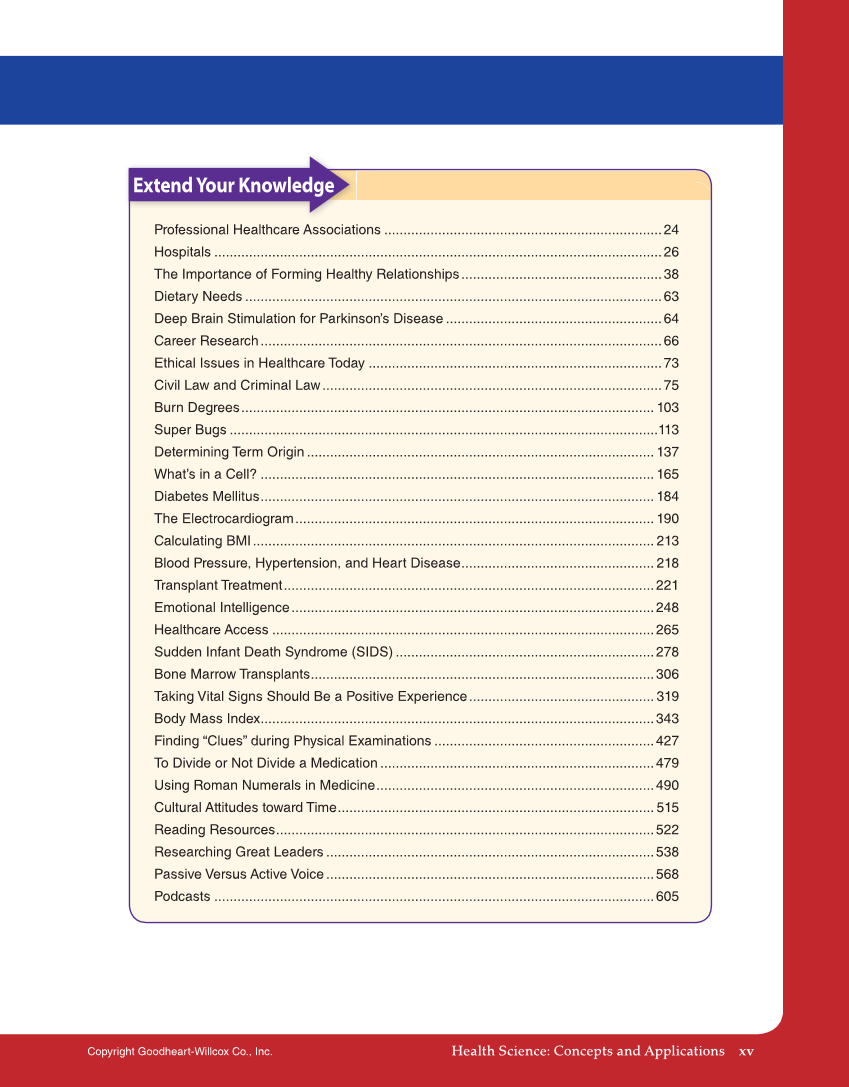 Health Science: Concepts and Applications, 1st Edition page xv