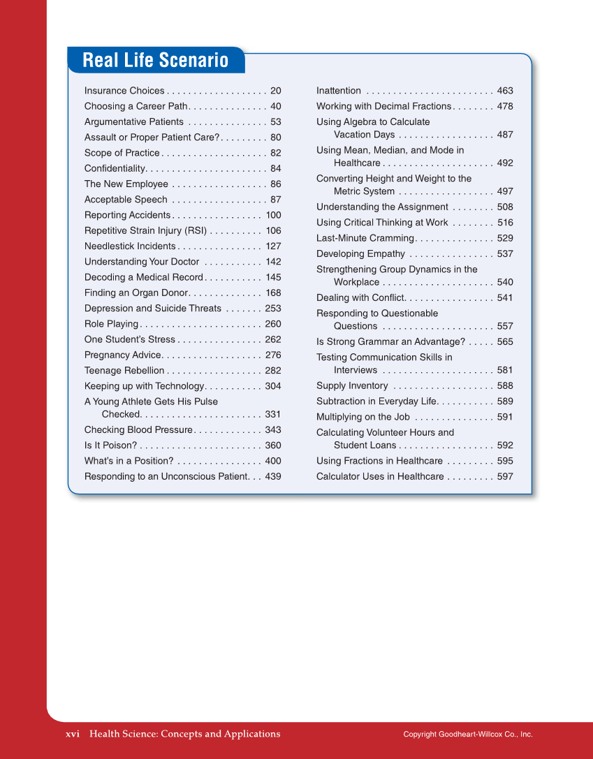 Health Science: Concepts and Applications, 1st Edition page xvi