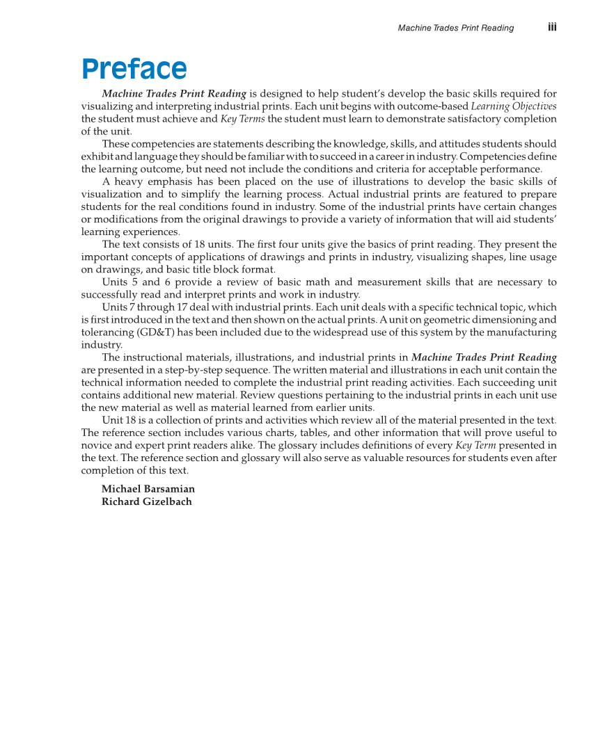 Machine Trades Print Reading, 6th Edition page iii
