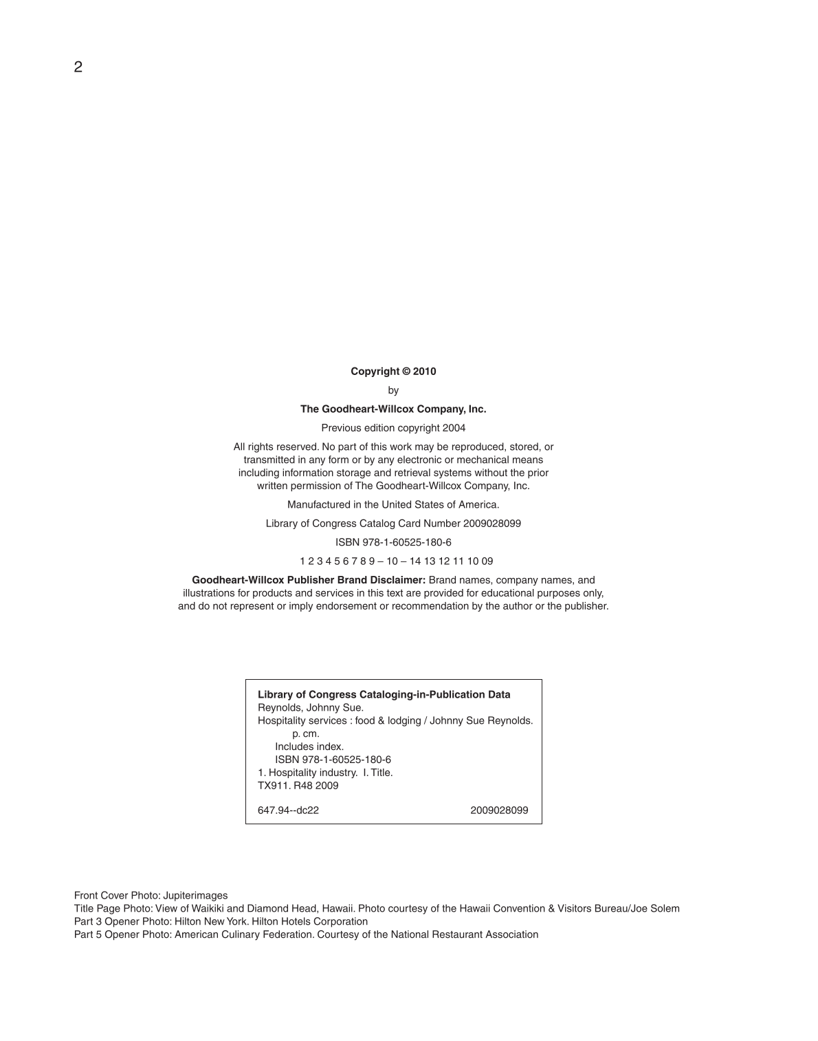 Hospitality Services: Food &amp; Lodging, 2nd Edition page 2