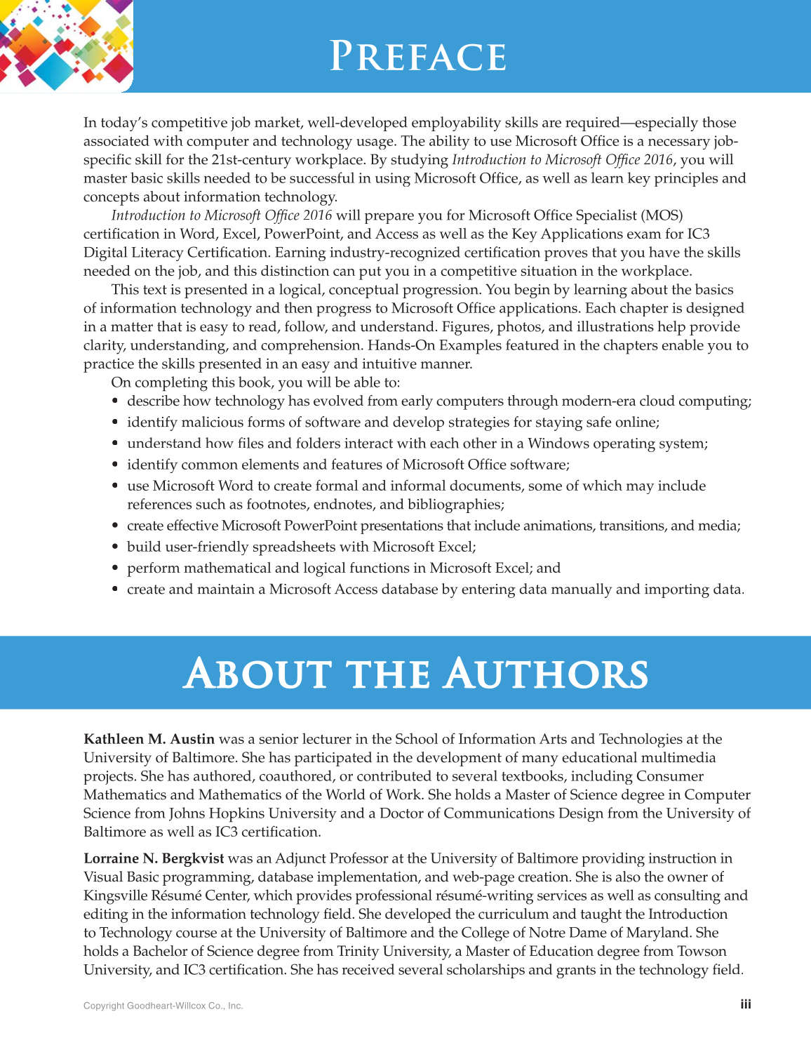 Introduction to Microsoft Office 2016, 1st Edition page iii
