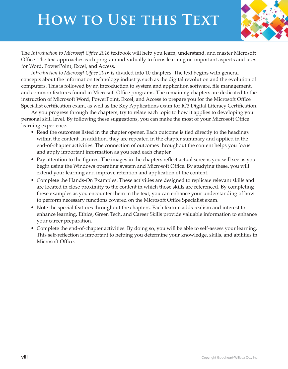 Introduction to Microsoft Office 2016, 1st Edition page viii