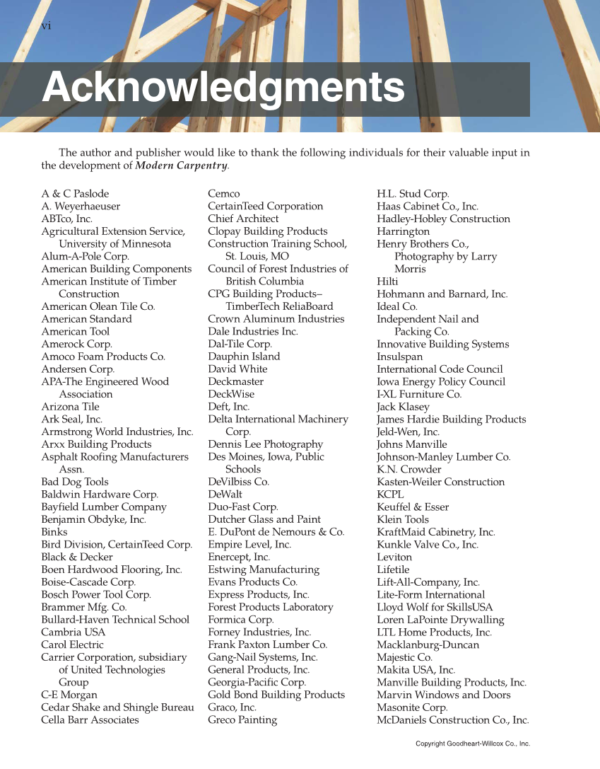 Modern Carpentry, 12th Edition page vi