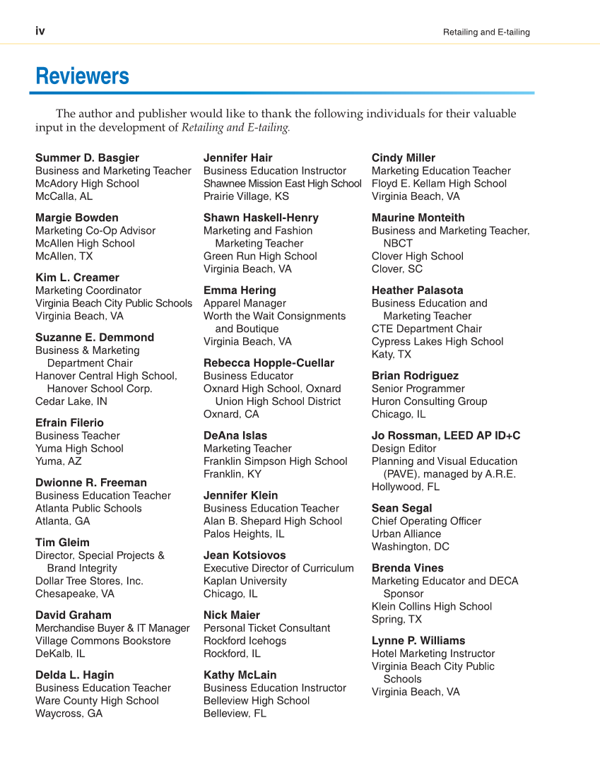 Retailing and E-tailing, 1st Edition page iv