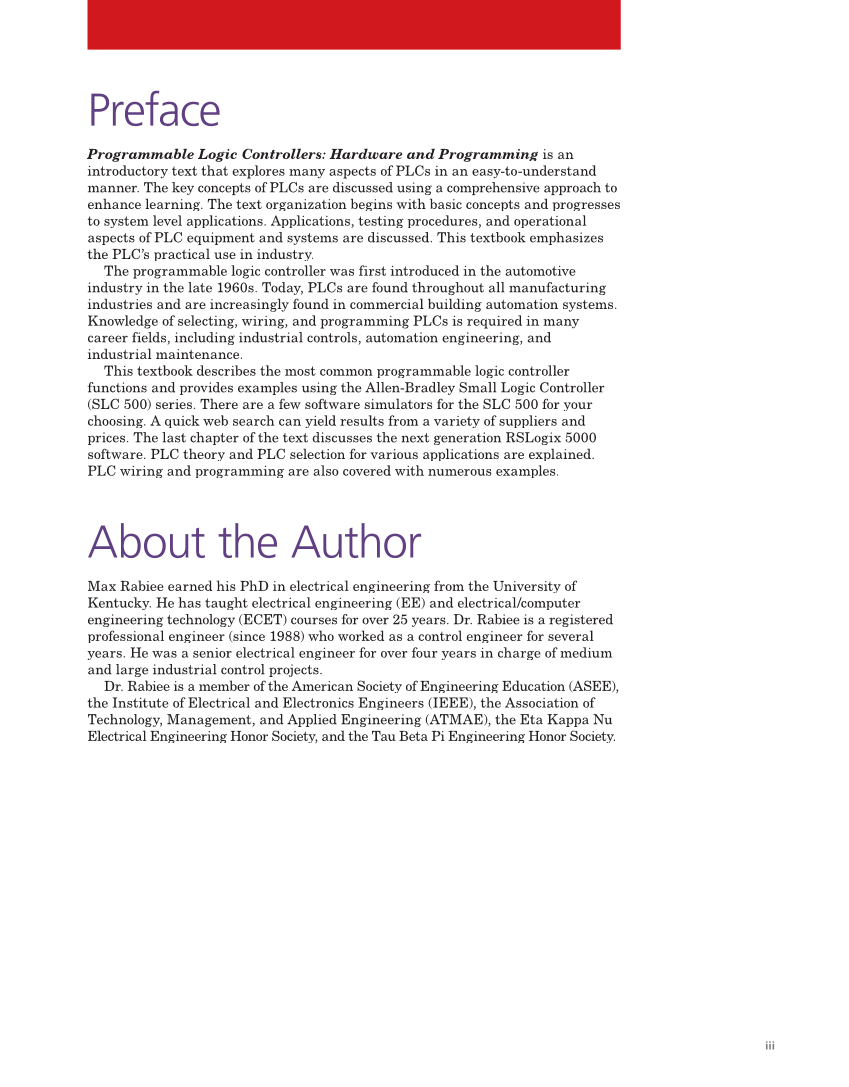 Programmable Logic Controllers: Hardware and Programming, 4th Edition page iii