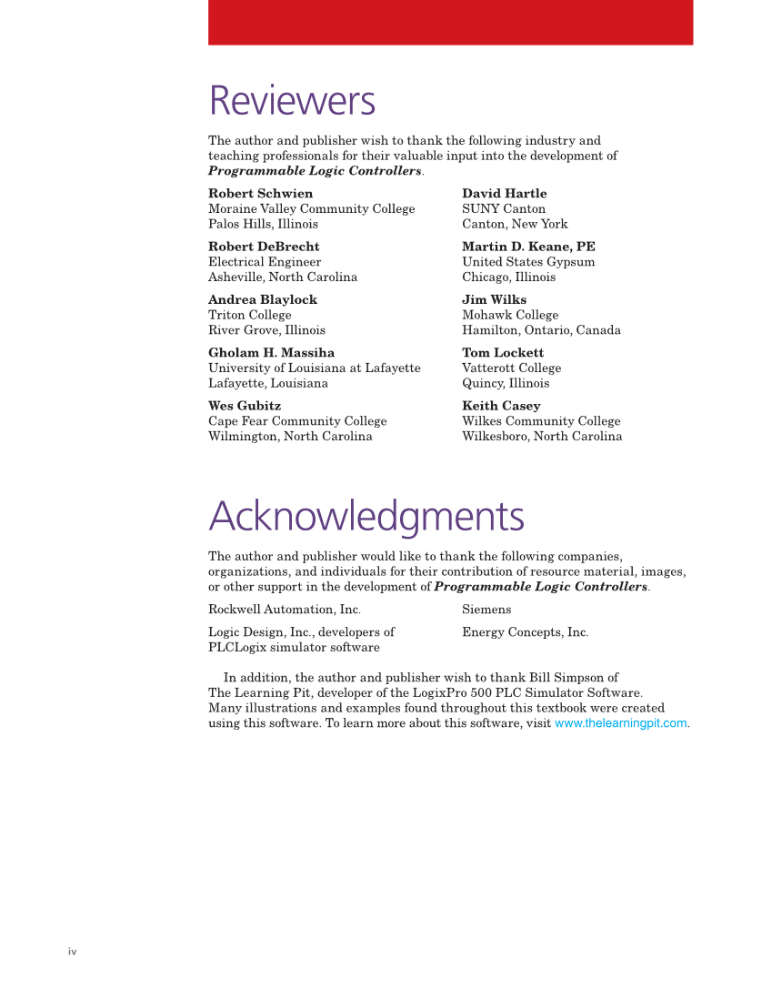 Programmable Logic Controllers: Hardware and Programming, 4th Edition page iv