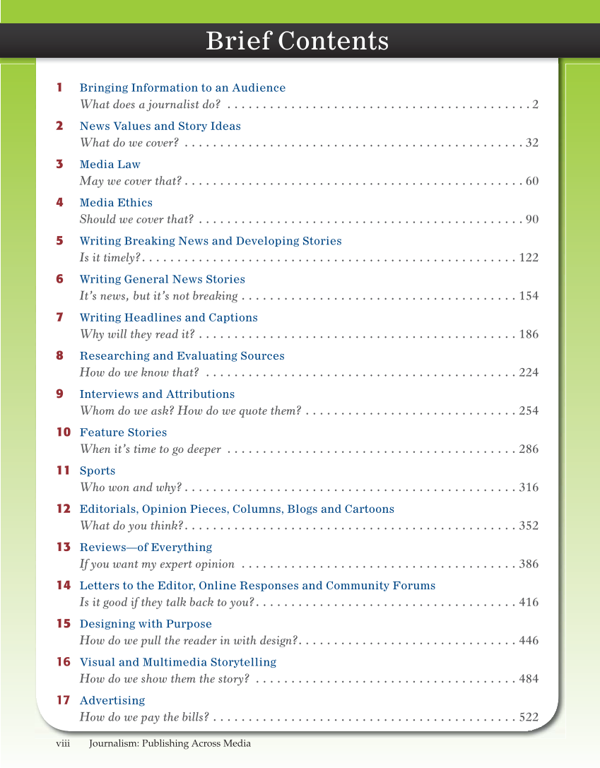 Journalism: Publishing Across Media, 1st Edition page viii