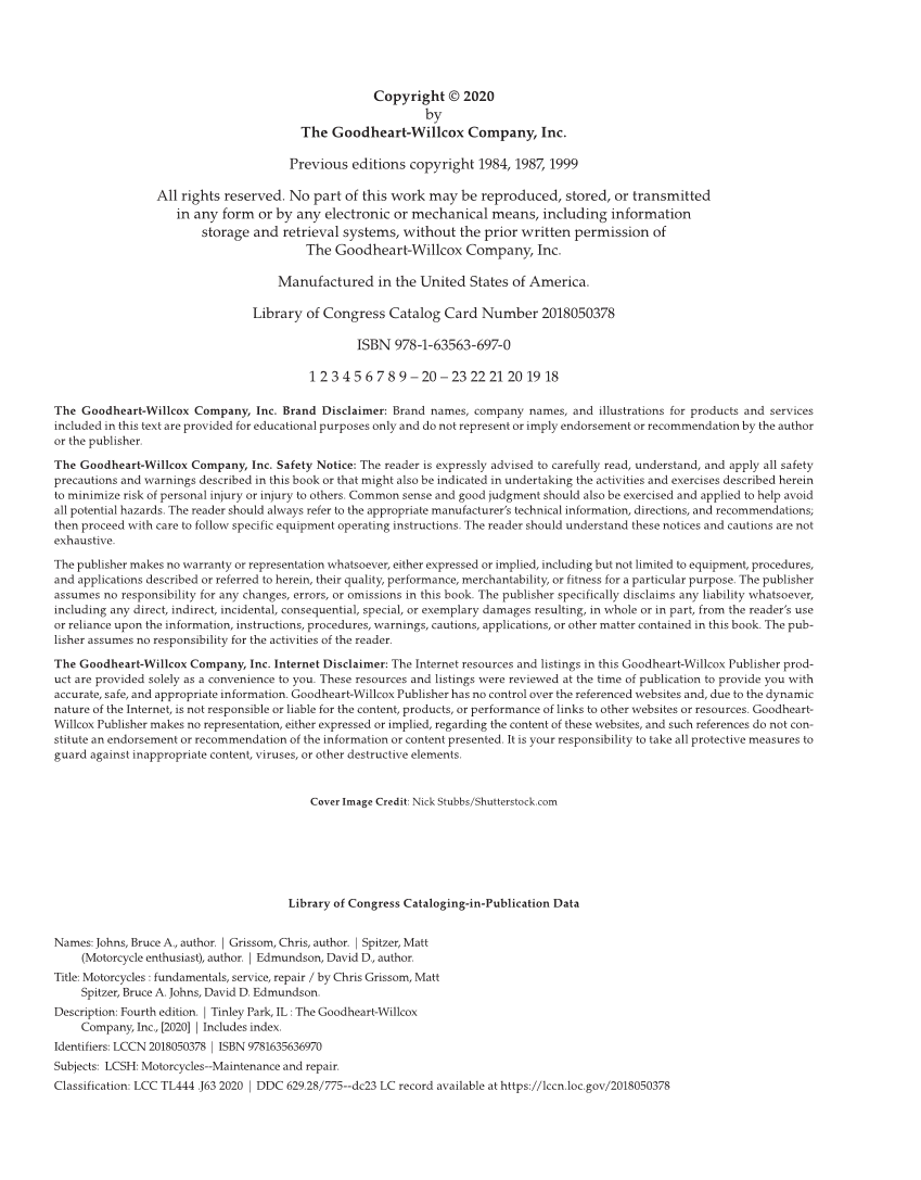 Motorcycles: Fundamentals, Service, Repair, 4th Edition page ii