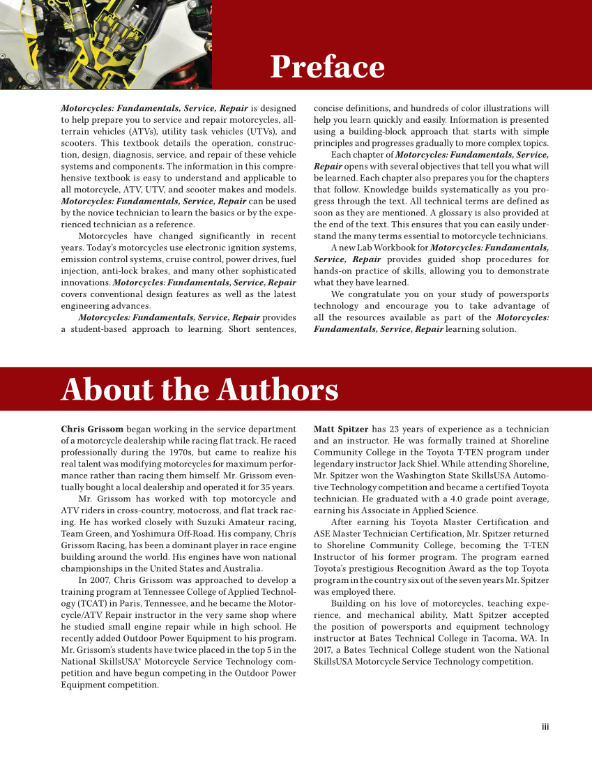 Motorcycles: Fundamentals, Service, Repair, 4th Edition page iii