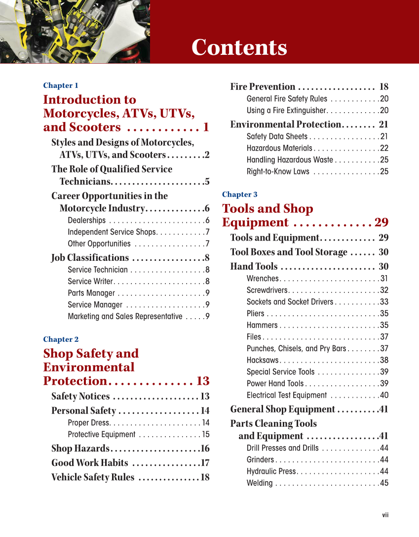 Motorcycles: Fundamentals, Service, Repair, 4th Edition page vii