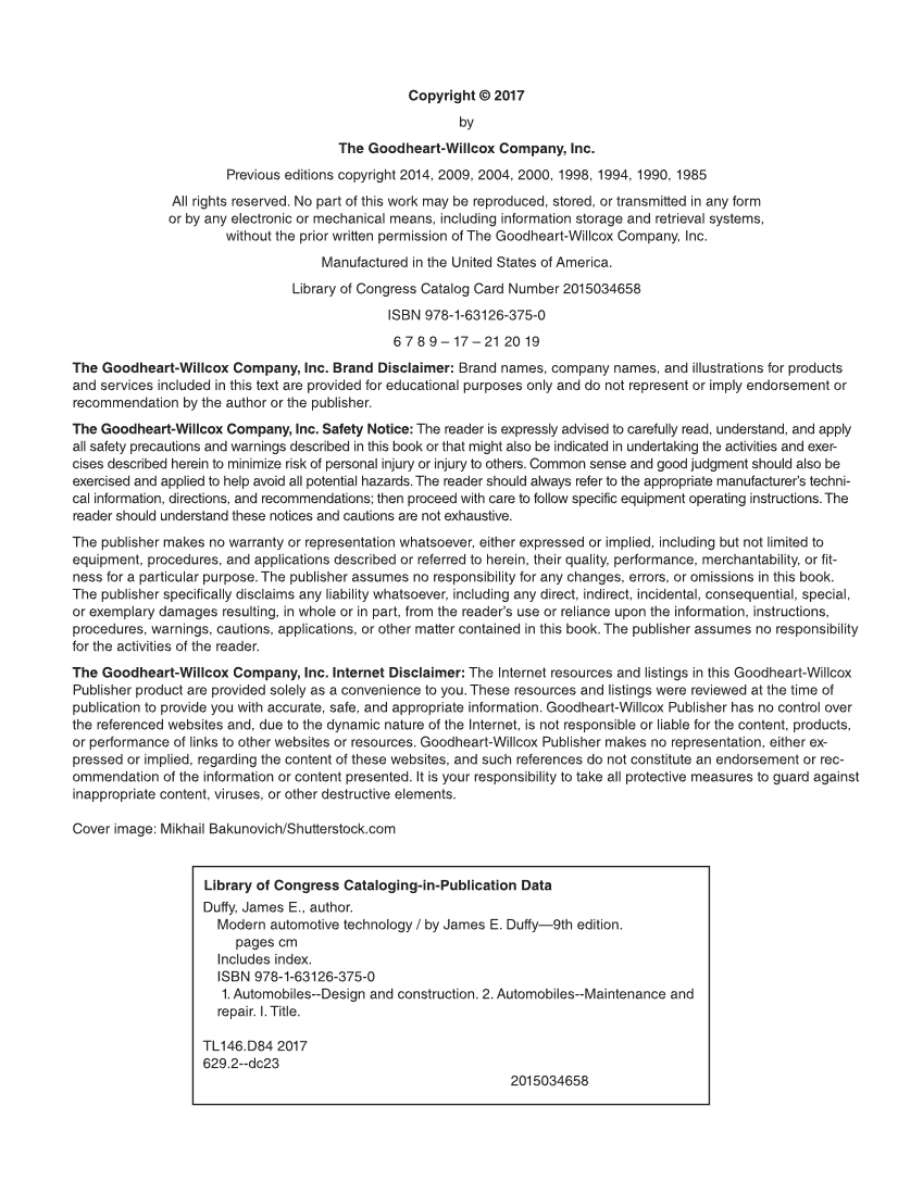 Modern Automotive Technology, 9th Edition page ii