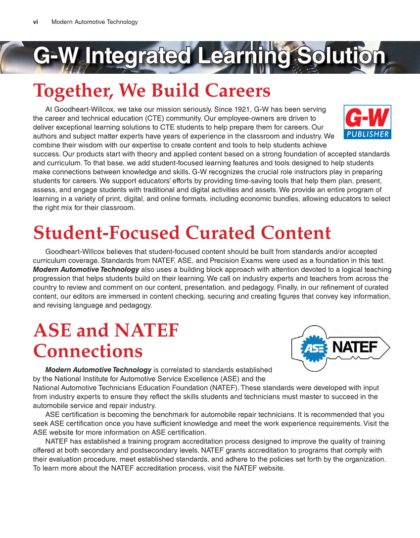 Modern Automotive Technology, 9th Edition page vi