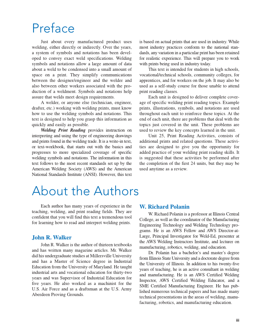 Welding Print Reading, 7th Edition page iii