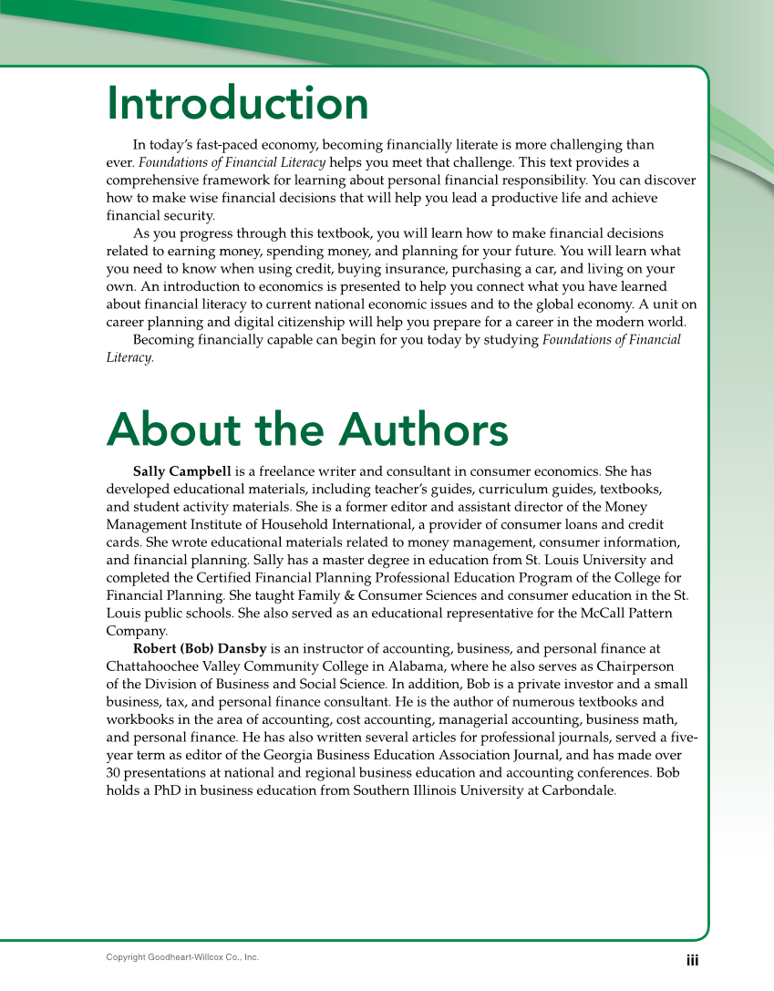 Foundations of Financial Literacy, 10th Edition page iii