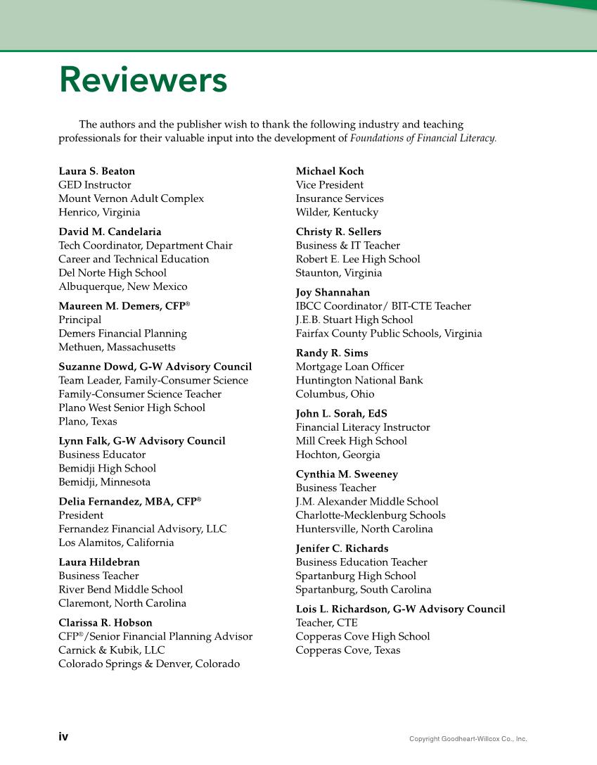 Foundations of Financial Literacy, 10th Edition page iv