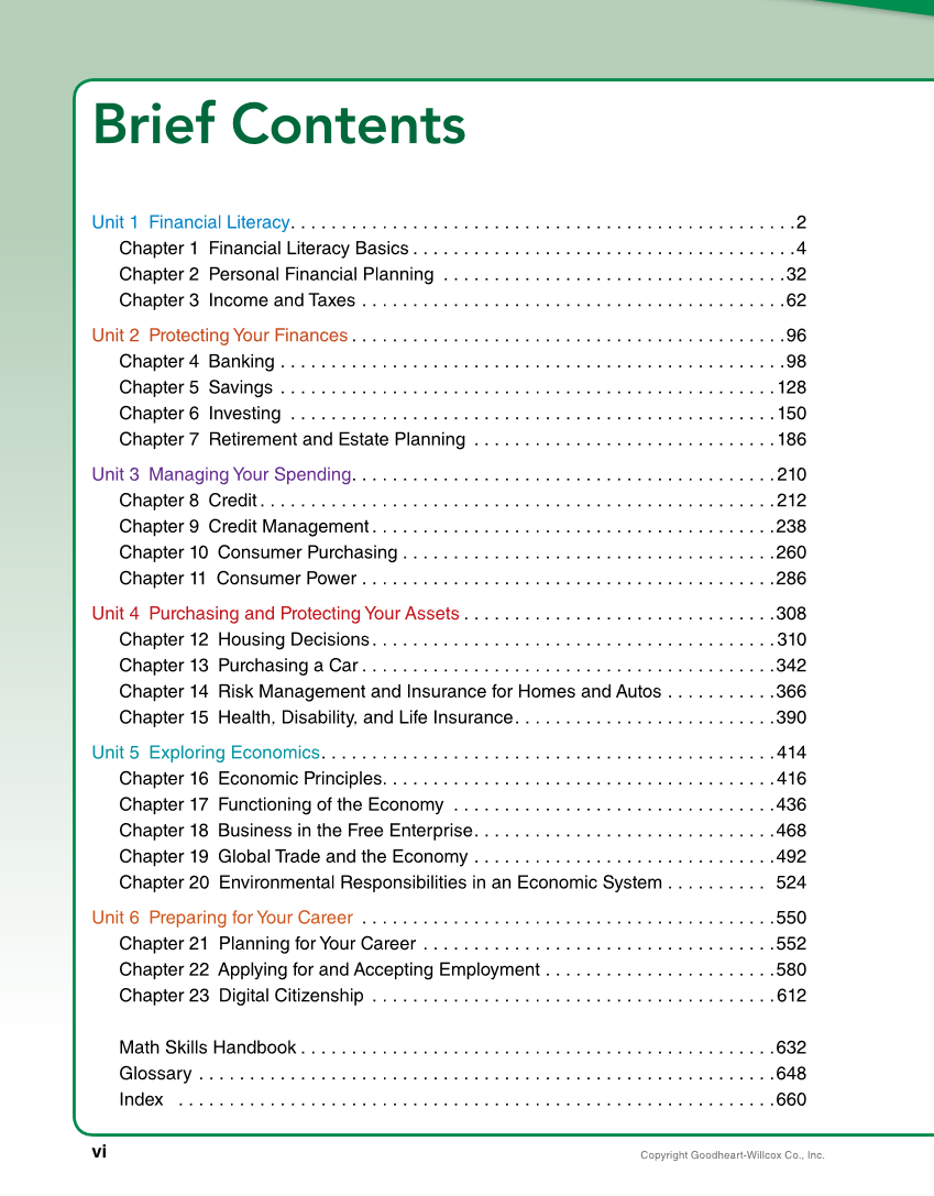 Foundations of Financial Literacy, 10th Edition page vi