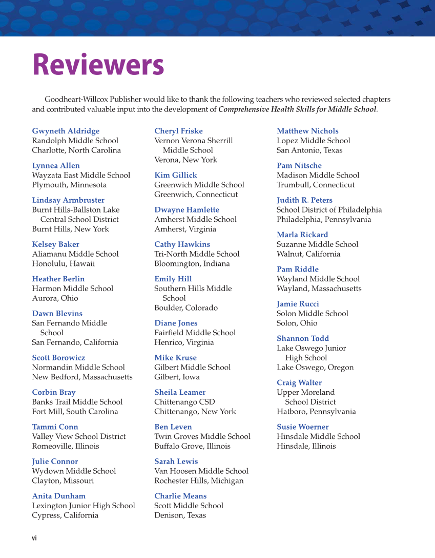 Comprehensive Health Skills for Middle School, 1st Edition page vi