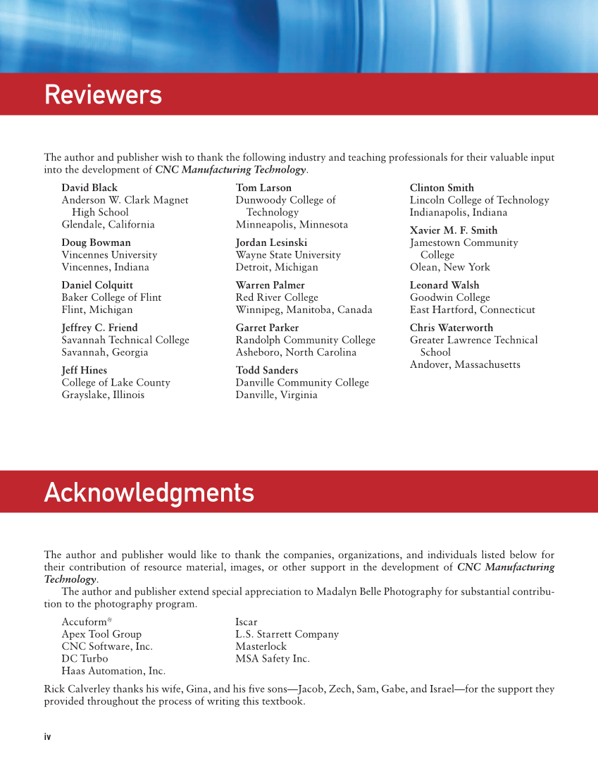 CNC Manufacturing Technology, 1st Edition page iv