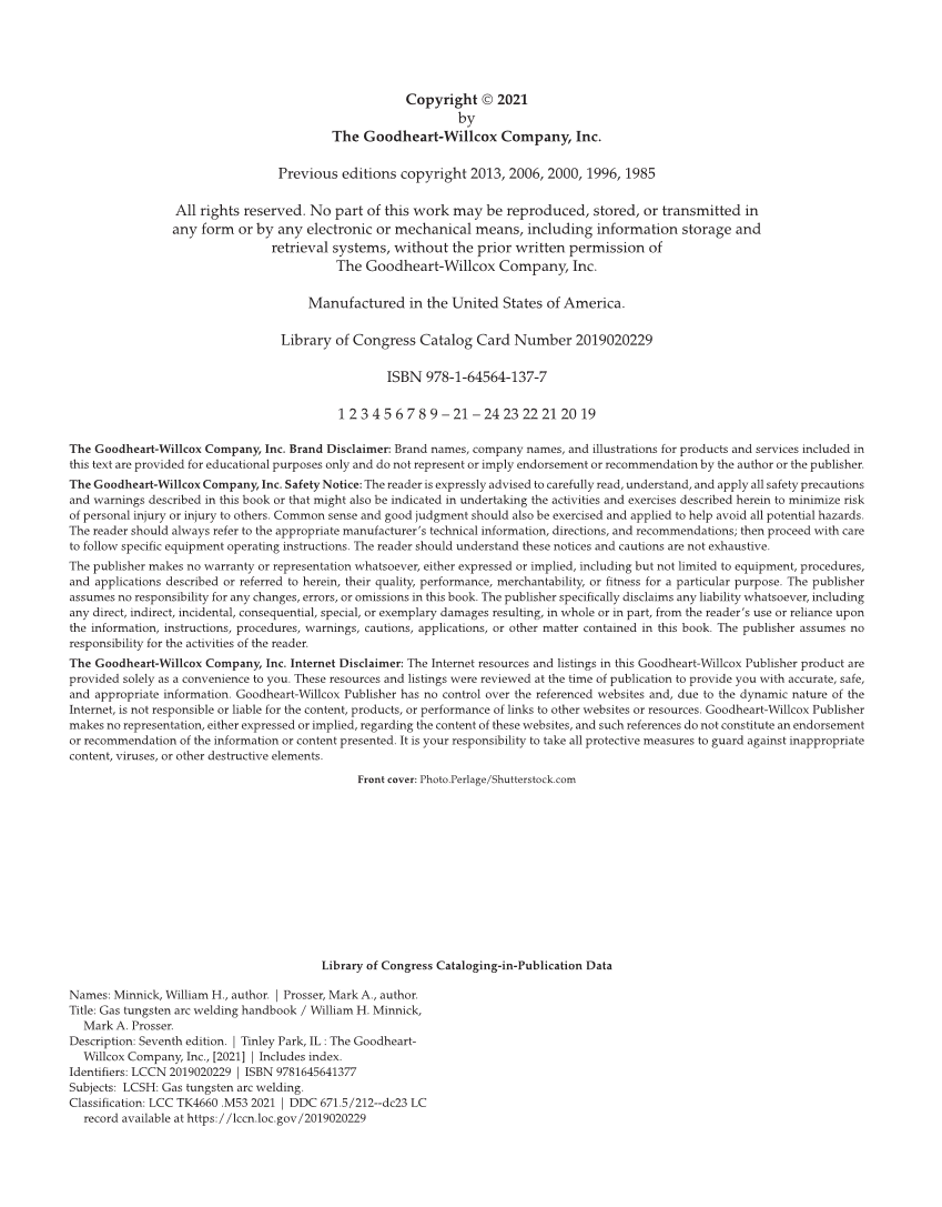 Gas Tungsten Arc Welding Handbook, 7th Edition page ii