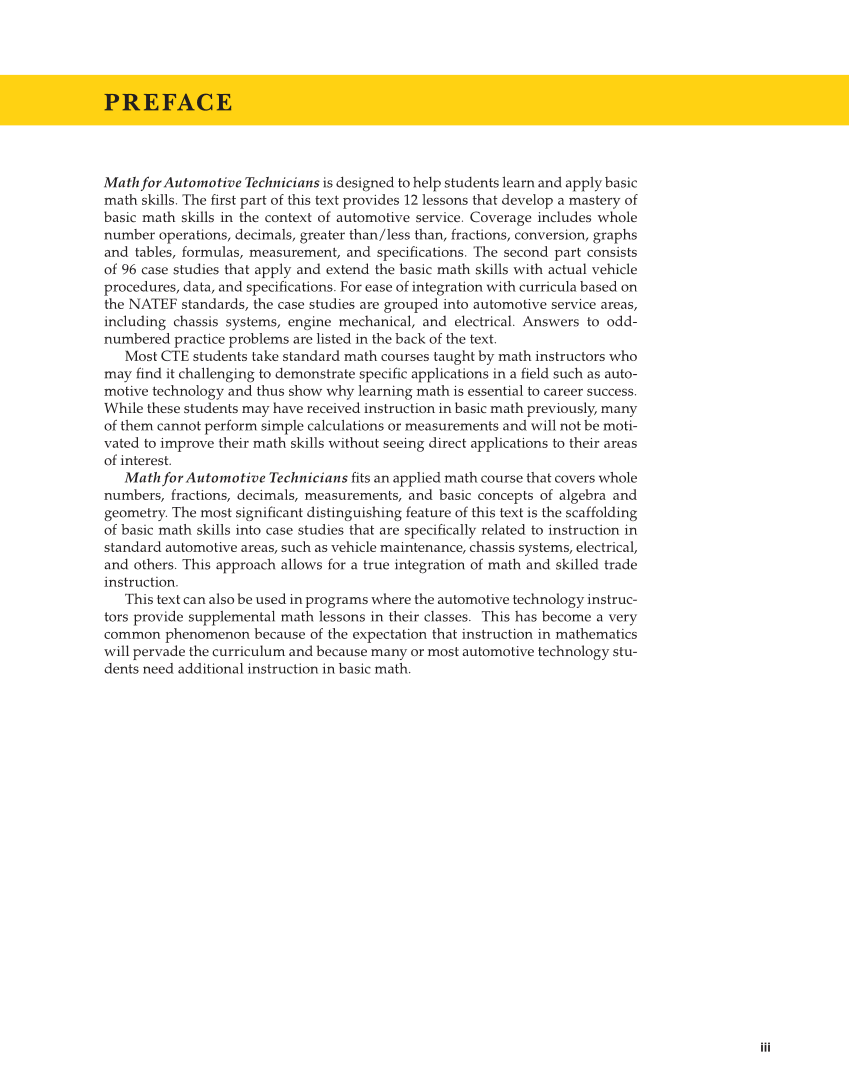 Math for Automotive Technicians, 1st Edition page iii