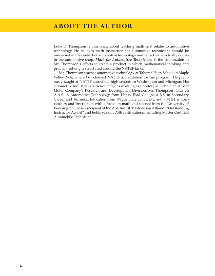 Math for Automotive Technicians, 1st Edition page iv