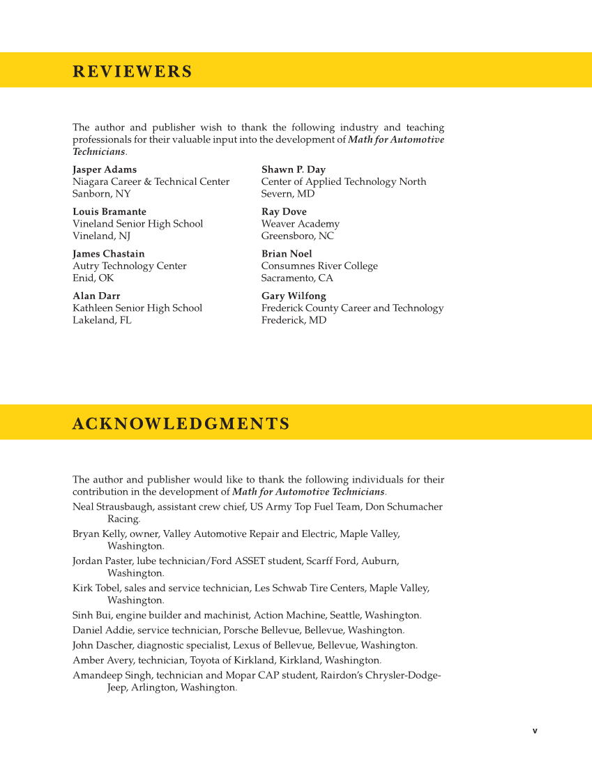 Math for Automotive Technicians, 1st Edition page v