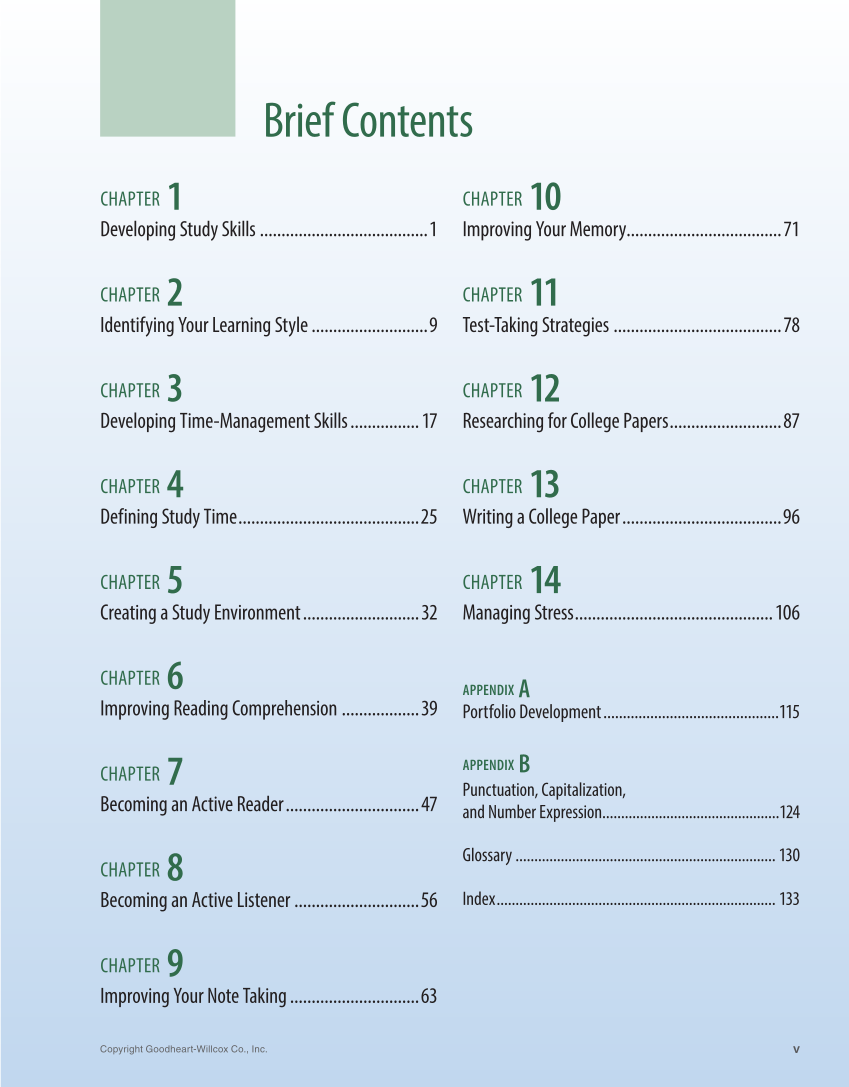 Study Skills, 1st Edition page v