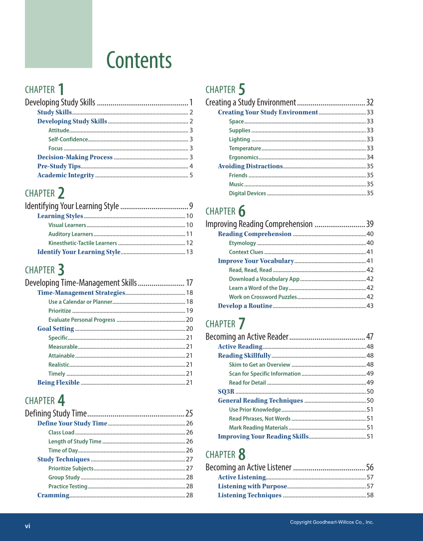 Study Skills, 1st Edition page vi