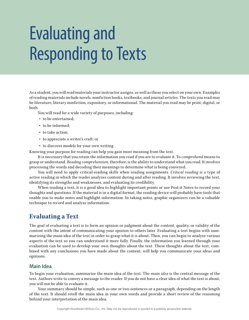 Evaluating and Responding to Texts page 1