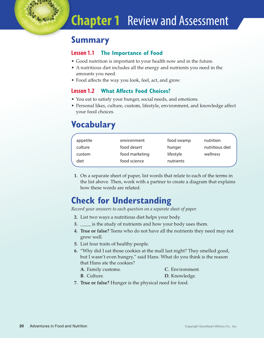 Adventures in Food and Nutrition 6e, Textbook page 20
