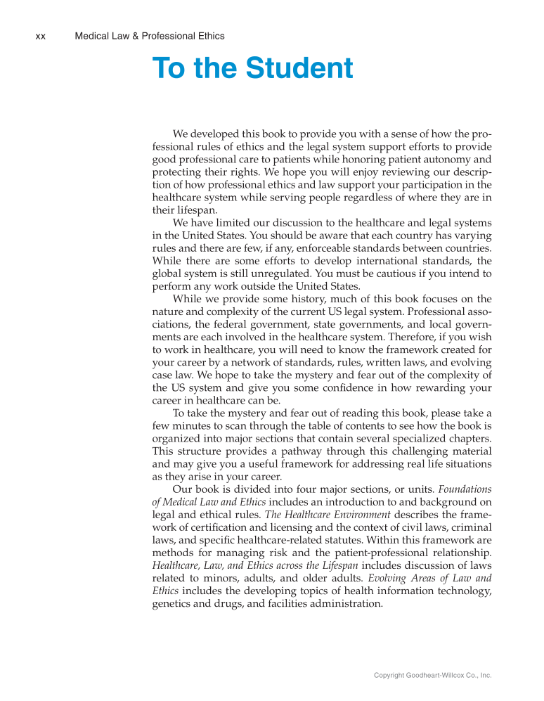 Medical Law & Professional Ethics, 1st Edition page xx